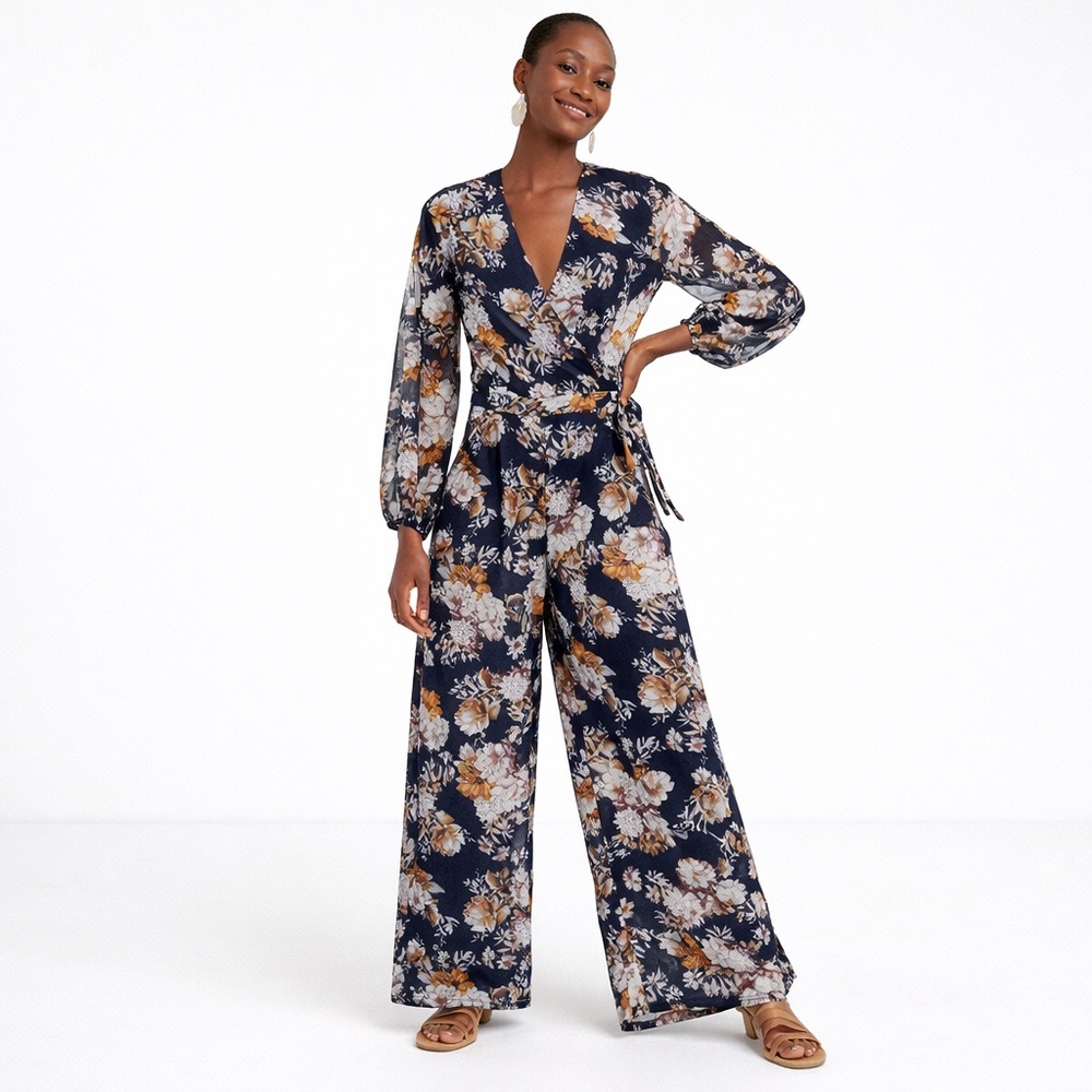 Anthropologie Navy Floral Wrap Jumpsuit